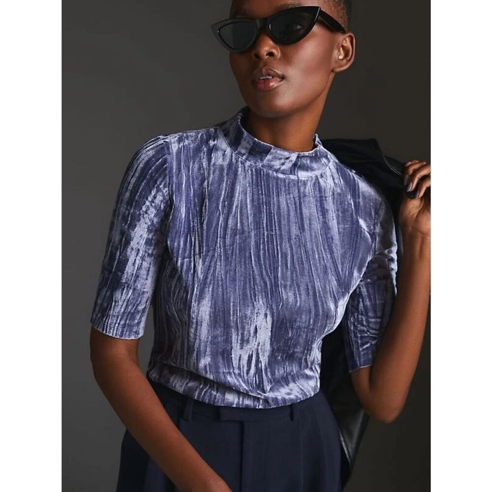 Pilcro Slate Blue Crushed Velvet Mock Neck Short Sleeve Top size small